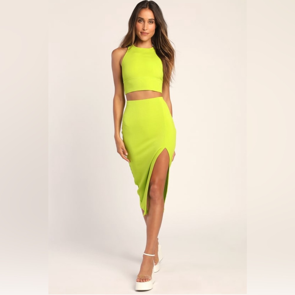 Lulu’s Lime Green Mock Neck Two-piece Bodycon Midi Dress